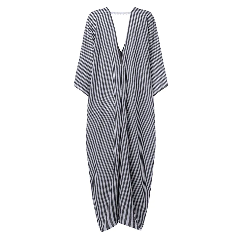 Women's Summer Casual V-Neck Striped Loose Long Dress