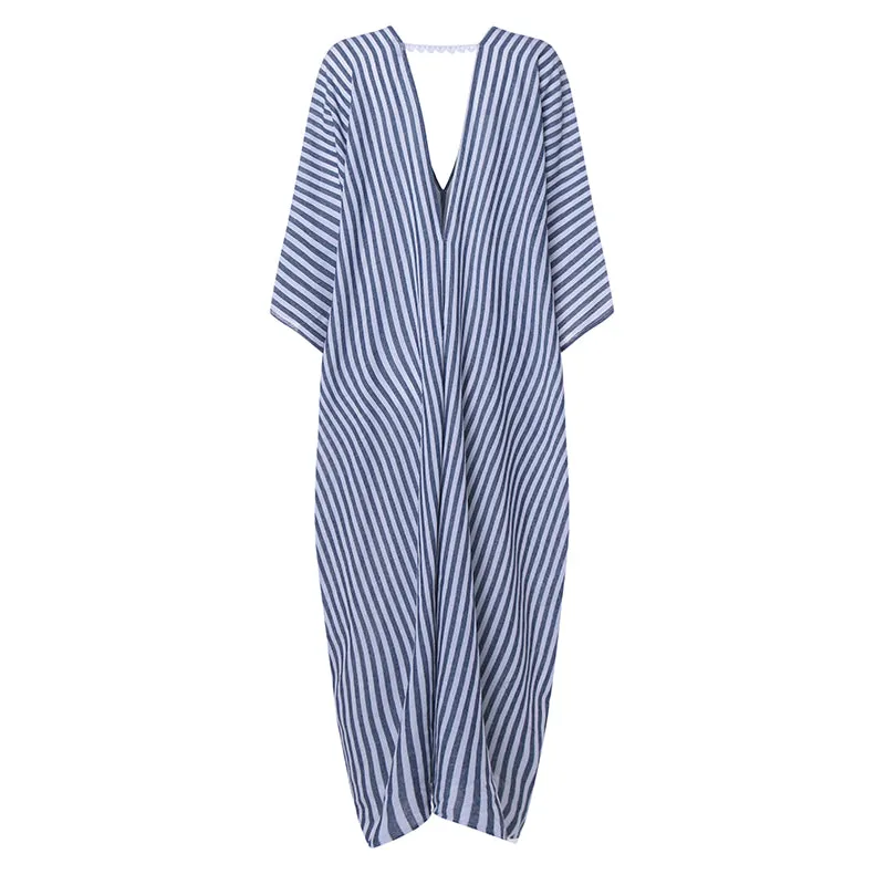 Women's Summer Casual V-Neck Striped Loose Long Dress