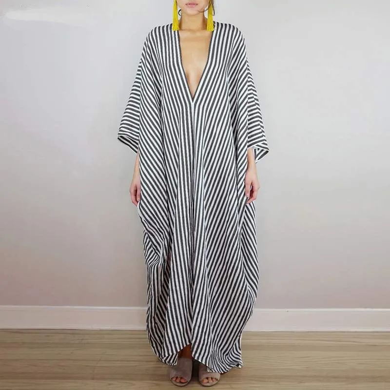 Women's Summer Casual V-Neck Striped Loose Long Dress