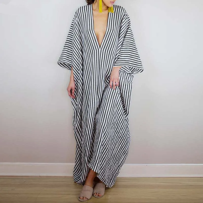 Women's Summer Casual V-Neck Striped Loose Long Dress