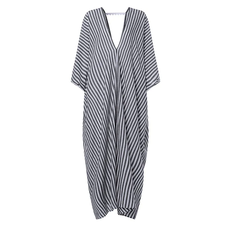 Women's Summer Casual V-Neck Striped Loose Long Dress