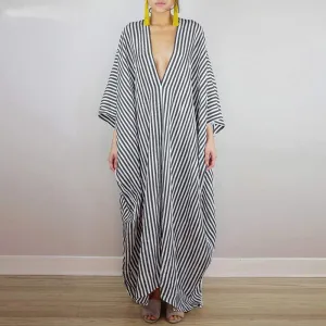 Women's Summer Casual V-Neck Striped Loose Long Dress