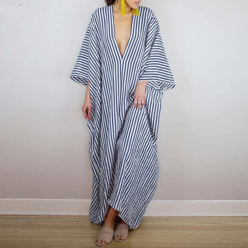 Women's Summer Casual V-Neck Striped Loose Long Dress