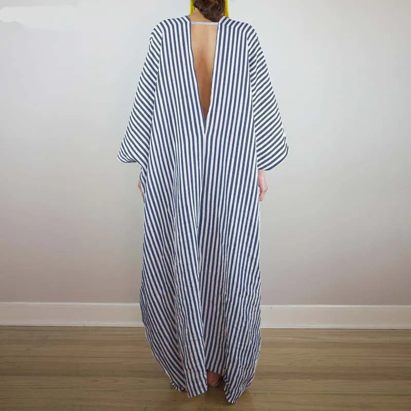 Women's Summer Casual V-Neck Striped Loose Long Dress
