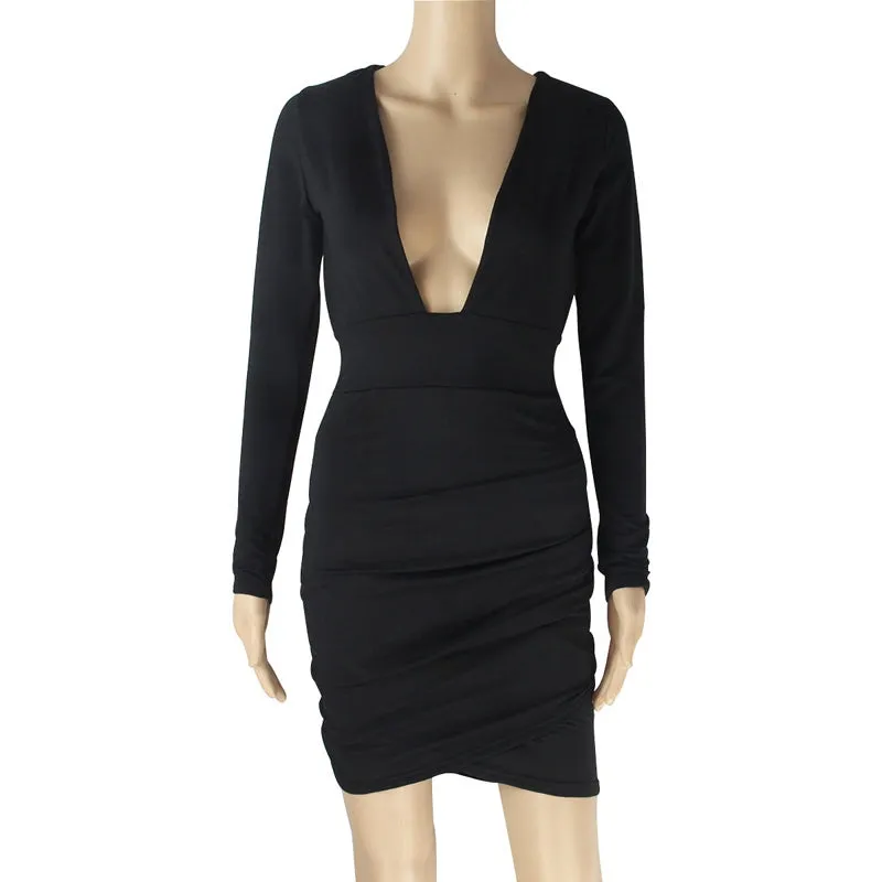 Women's Summer Deep V-Neck Long-Sleeved Backless Bodycon Mini Dress