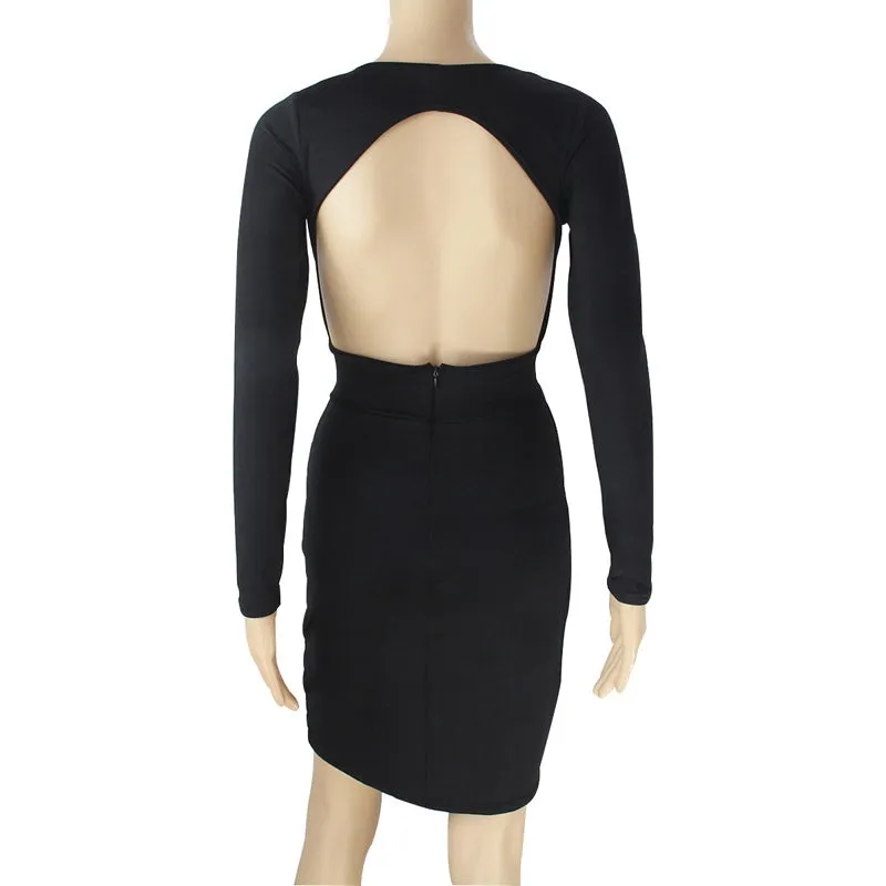 Women's Summer Deep V-Neck Long-Sleeved Backless Bodycon Mini Dress