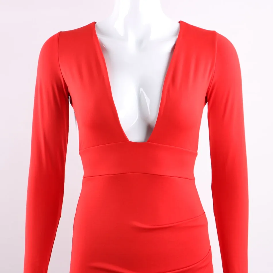 Women's Summer Deep V-Neck Long-Sleeved Backless Bodycon Mini Dress