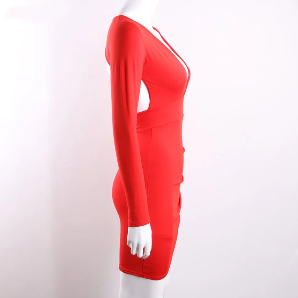 Women's Summer Deep V-Neck Long-Sleeved Backless Bodycon Mini Dress