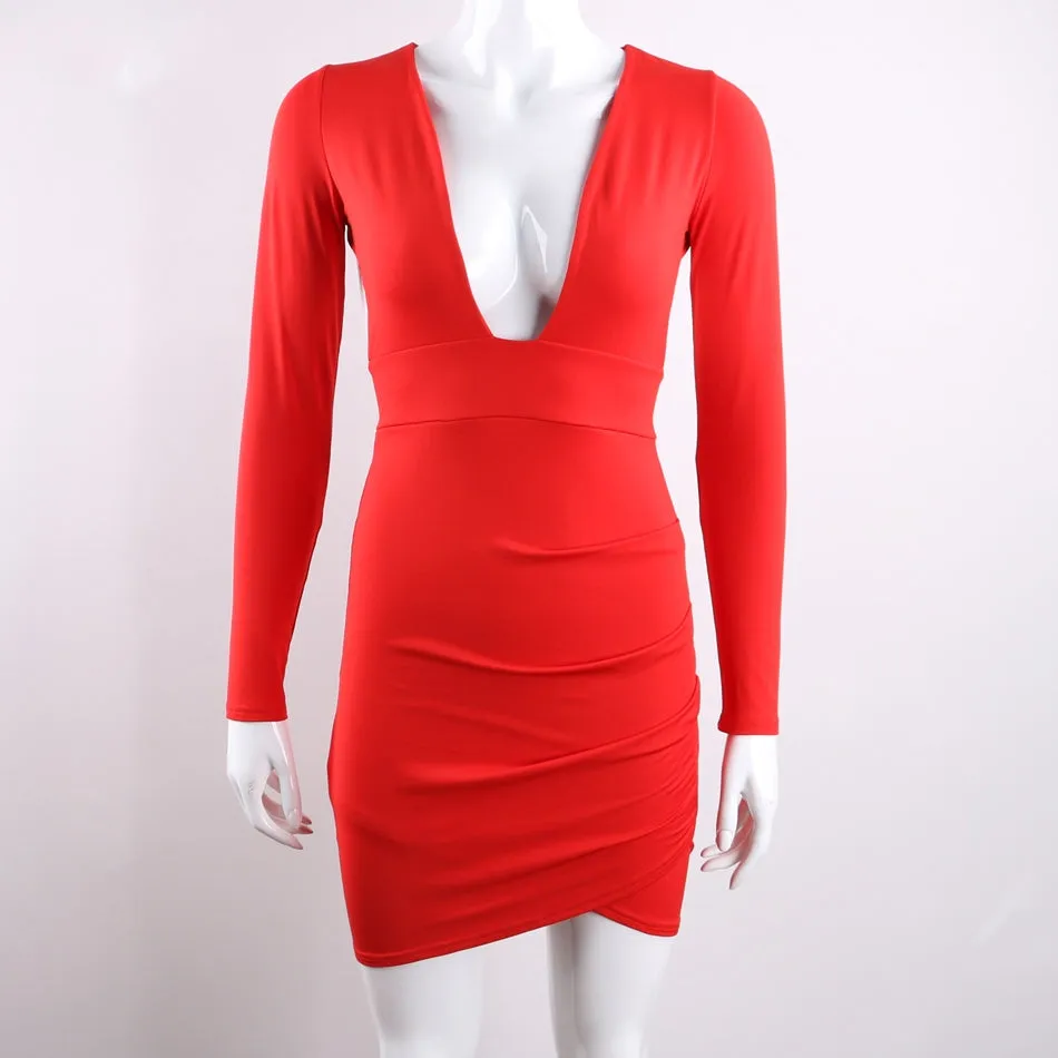 Women's Summer Deep V-Neck Long-Sleeved Backless Bodycon Mini Dress