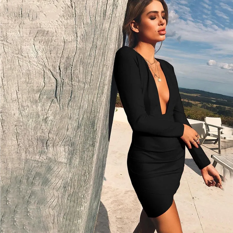Women's Summer Deep V-Neck Long-Sleeved Backless Bodycon Mini Dress