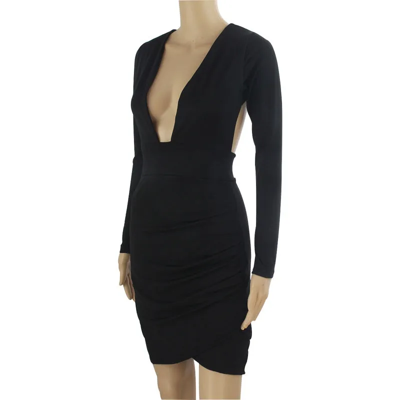 Women's Summer Deep V-Neck Long-Sleeved Backless Bodycon Mini Dress