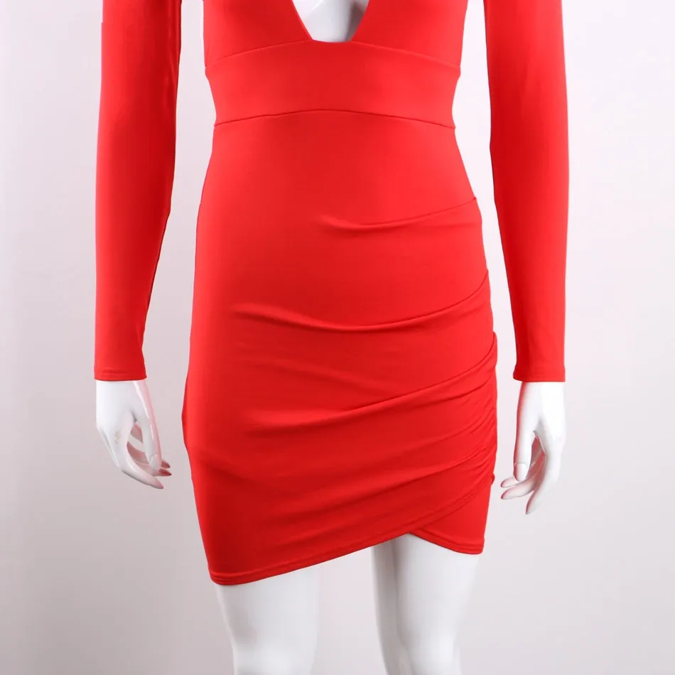 Women's Summer Deep V-Neck Long-Sleeved Backless Bodycon Mini Dress
