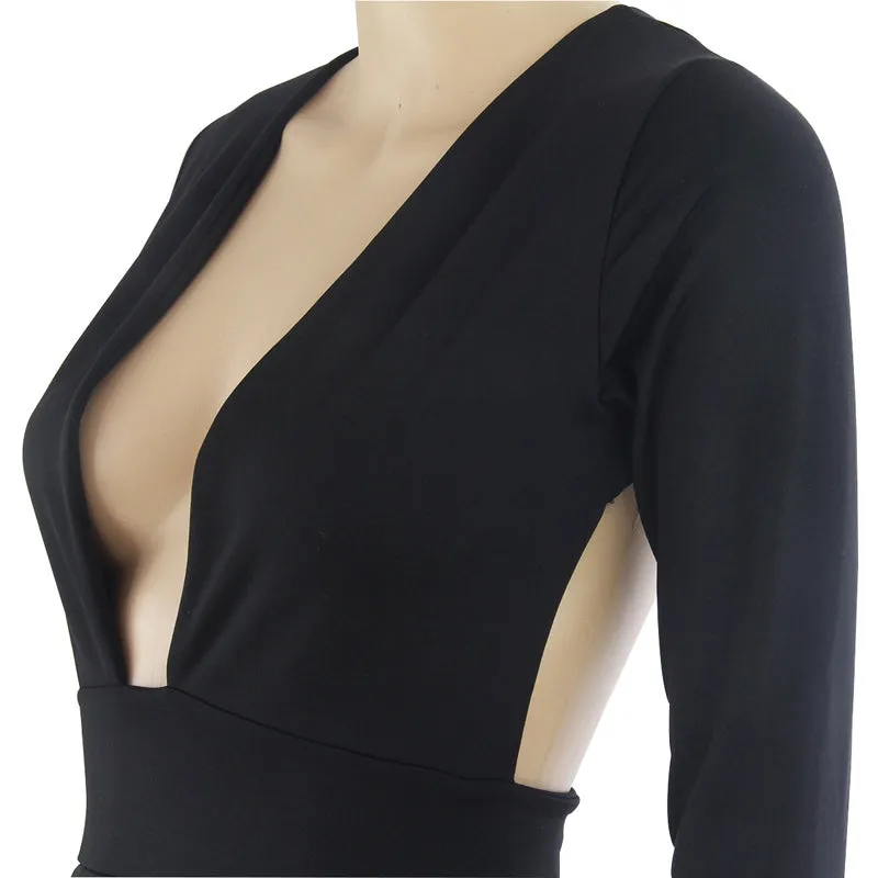Women's Summer Deep V-Neck Long-Sleeved Backless Bodycon Mini Dress