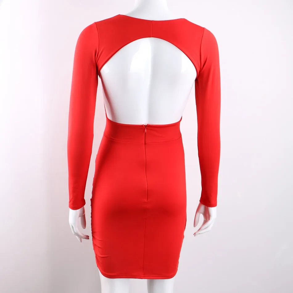 Women's Summer Deep V-Neck Long-Sleeved Backless Bodycon Mini Dress