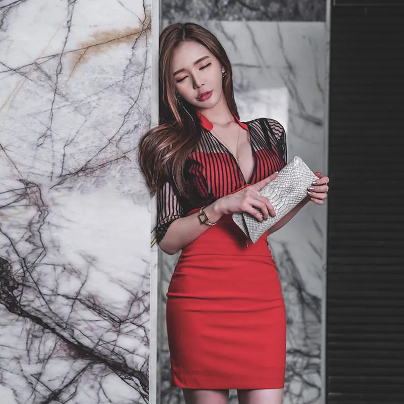 Women's Summer Mesh Patchwork V-Neck Mini Dress
