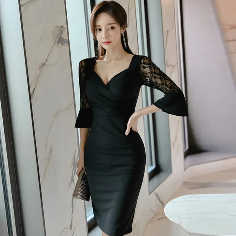 Women's Summer Patchwork Polyester V-Neck Sheath Dress