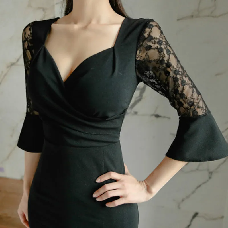 Women's Summer Patchwork Polyester V-Neck Sheath Dress