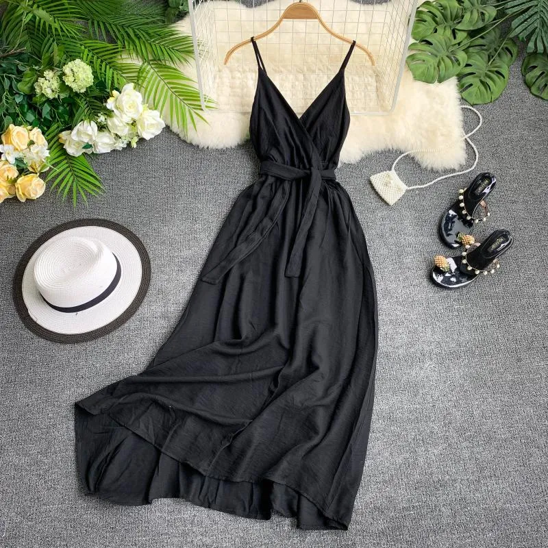 Women's Summer Polyester V-Neck A-Line Long Dress
