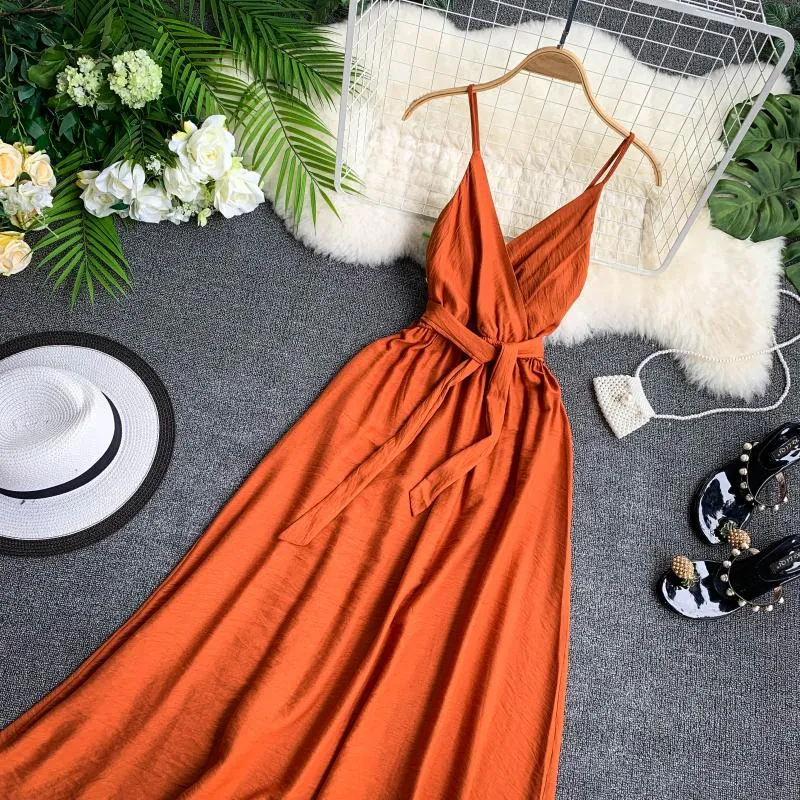 Women's Summer Polyester V-Neck A-Line Long Dress