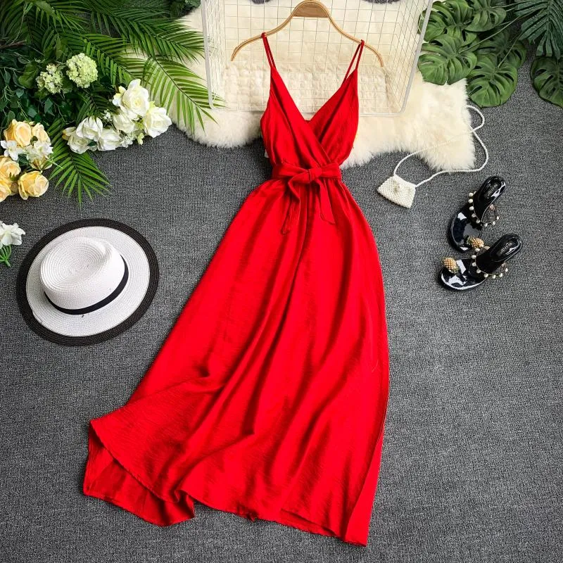 Women's Summer Polyester V-Neck A-Line Long Dress
