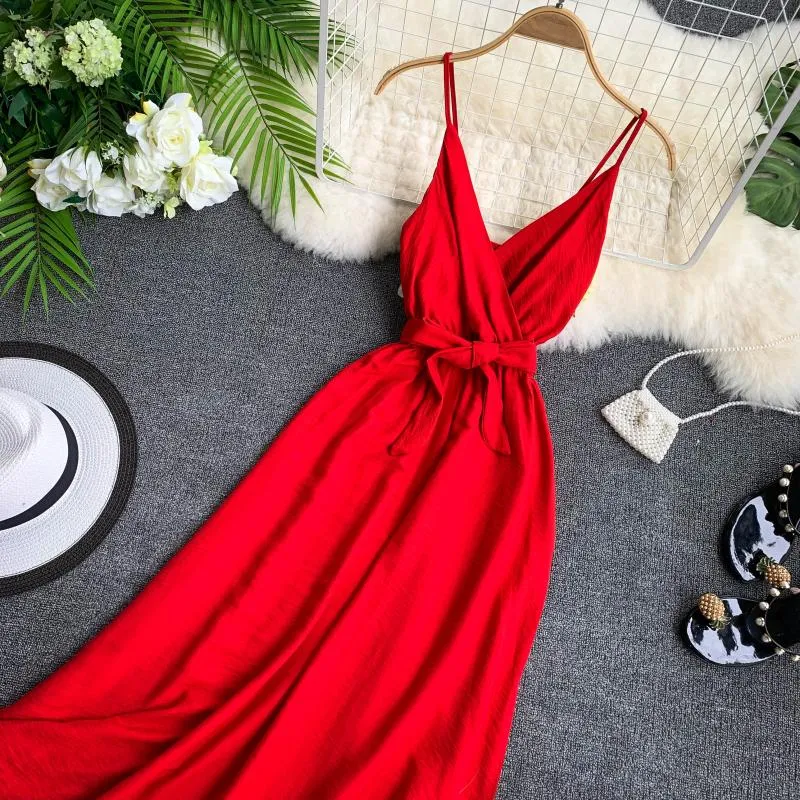 Women's Summer Polyester V-Neck A-Line Long Dress