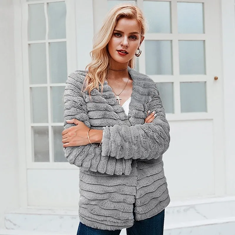 Women's Winter Faux Fur V-Neck Coat